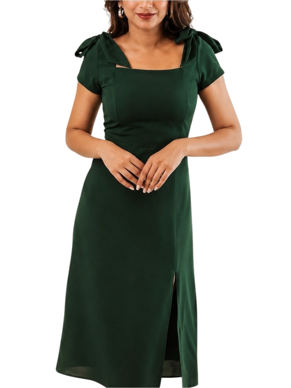 NWT Ivy City Co Marni Dress Dark Green Square Neck Shoulder Ties Midi SMALL